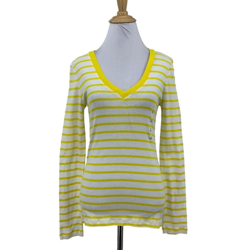 Old Navy V Neck Tee Womens S Small Lemon Striped Long Sleeve Cotton Shirt